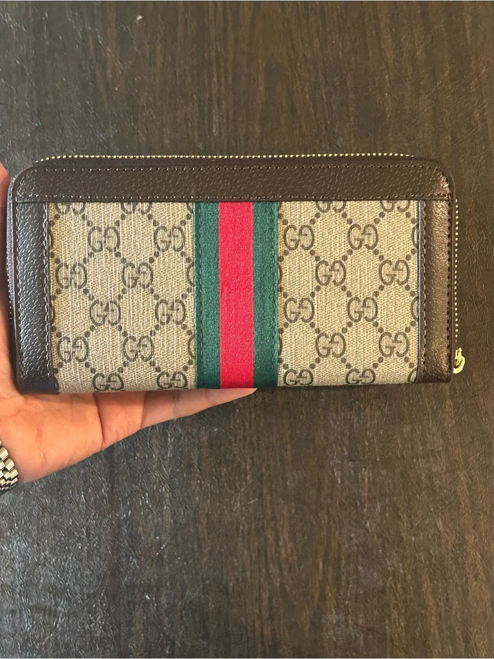 Gucci GG Supreme Canvas Zip Wallet with Web Stripe - Beige/Brown/Green/Red - Picture 2 of 3